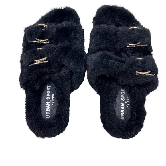 Urban Sport by J Slide Babee Faux Fur Sandal Slide Black Size 8 Double Buckle - Picture 5 of 9